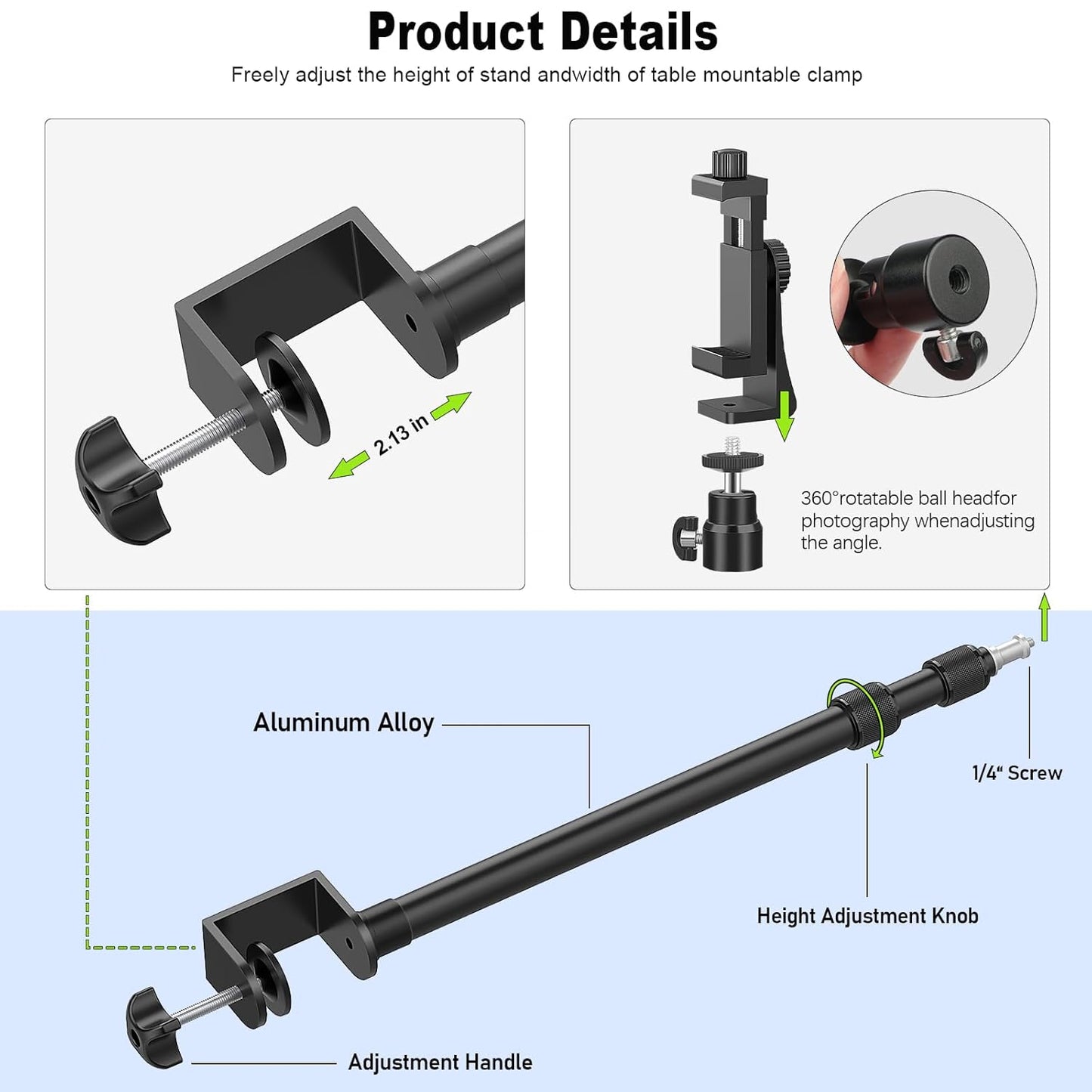 2 Pack Desk Mount with 1/4" & 3/8" Screws, Ball Head, 17-41" Adjustable Aluminum Stand, for DSLR & Ring Light