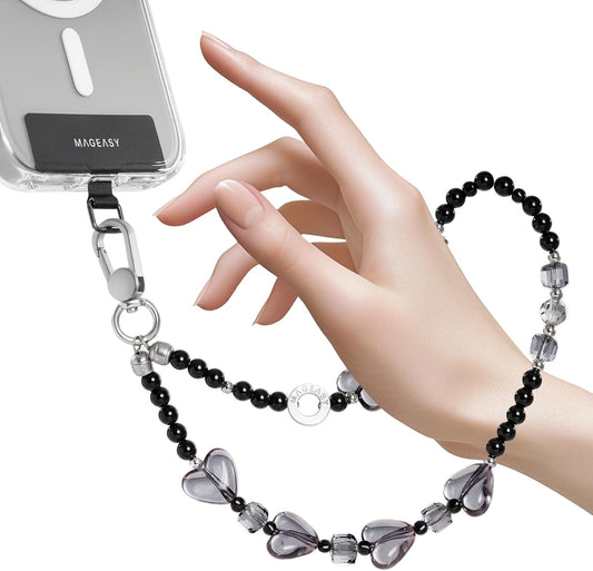 MAGEASY Beaded Phone Charm for Women - Cell Phone Wrist Strap with Teather Tab, Designed for iPhone & Android Phones, Keychain, Camera - Midnight Heart