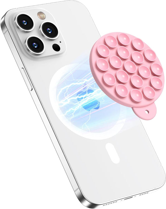 Magnetic Suction Cup Phone Mount for MagSafe Case, Silicone Hands-Free Grip Holder for iPhone and Android, Mirror Shower Phone Stand for Makeup FaceTime Gym Kitchen Bathroom, Pink