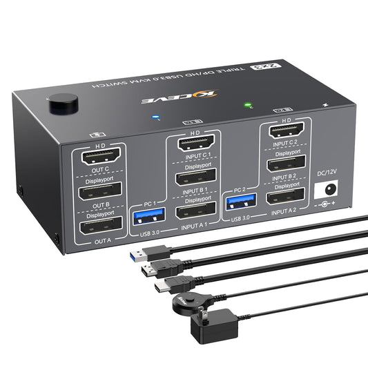 HDMI Displayport KVM Switch 3 Monitors 2 Computers 8K@60Hz 4K@144Hz,3 Monitor KVM Switch 2 Computers for 2 PC Share 3 Monitor and 4 USB3.0 Devices,Triple Monitor KVM Support Extended and Mirror Mode