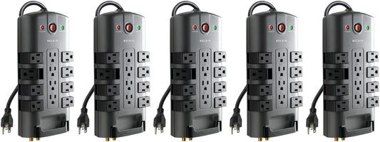 Belkin Surge Protector w/ 8 Rotating & 4 Standard Outlets (Pack of 5) - 8ft Sturdy Extension Cord with Flat Pivot Plug for Home, Office, Travel, & Desktop - Power Strip - 4320 Joules