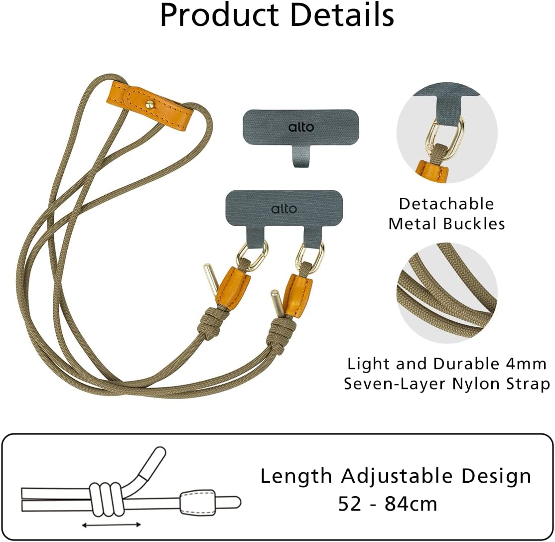 alto Crossbody Phone Lanyard: detachable patch, nylon strap with Italian leather pad, for iPhone and android full body phone cases (Caramel Brown)