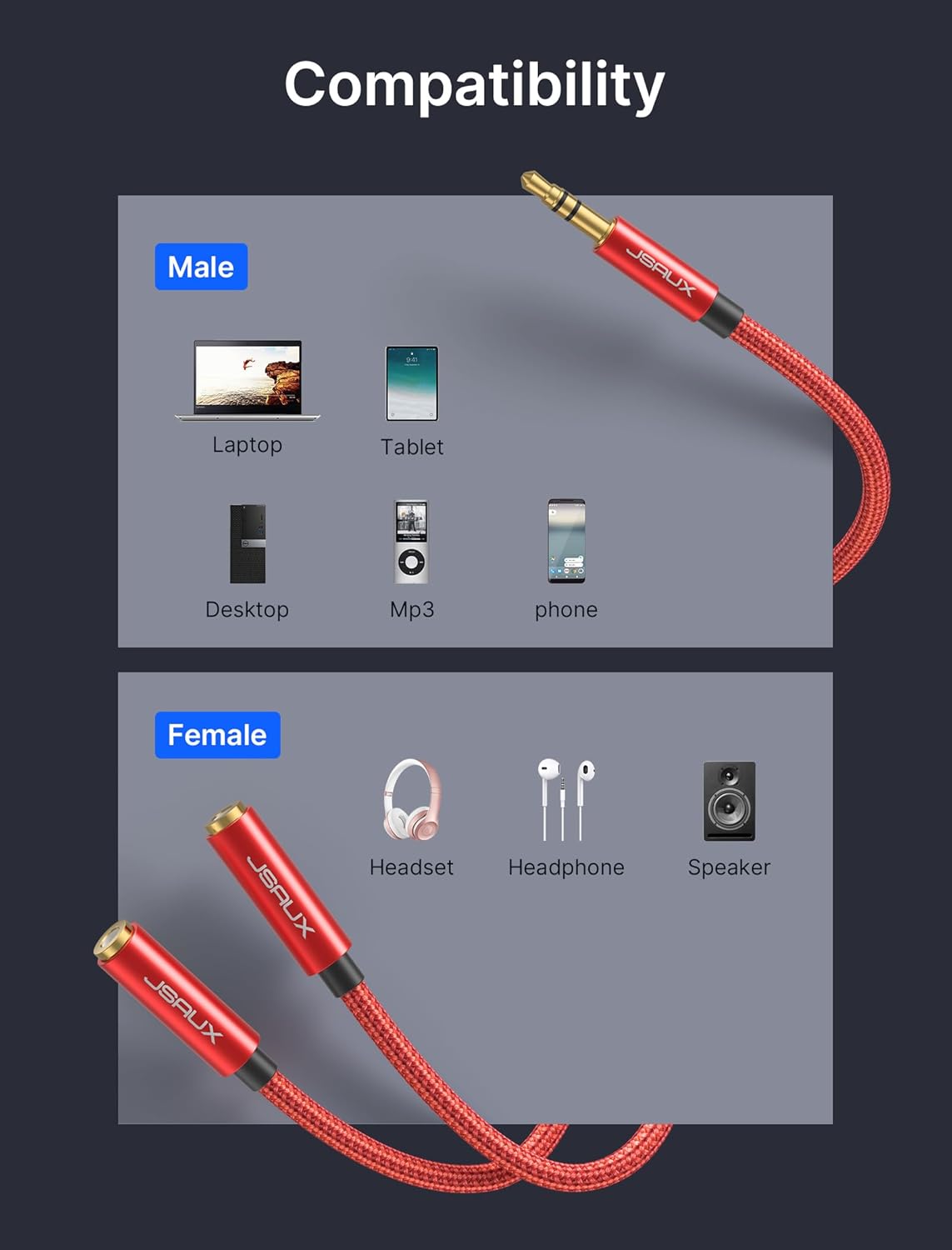 JSAUX Headphone Splitter 3.5mm, Audio Splitter 2 Female to 1 Male, Dual Headphone Adapter Compatible with PS4, PS5, Xbox, Nintendo Switch, PC Gaming Headsets, Phone, Tablet, Laptop and More-Red