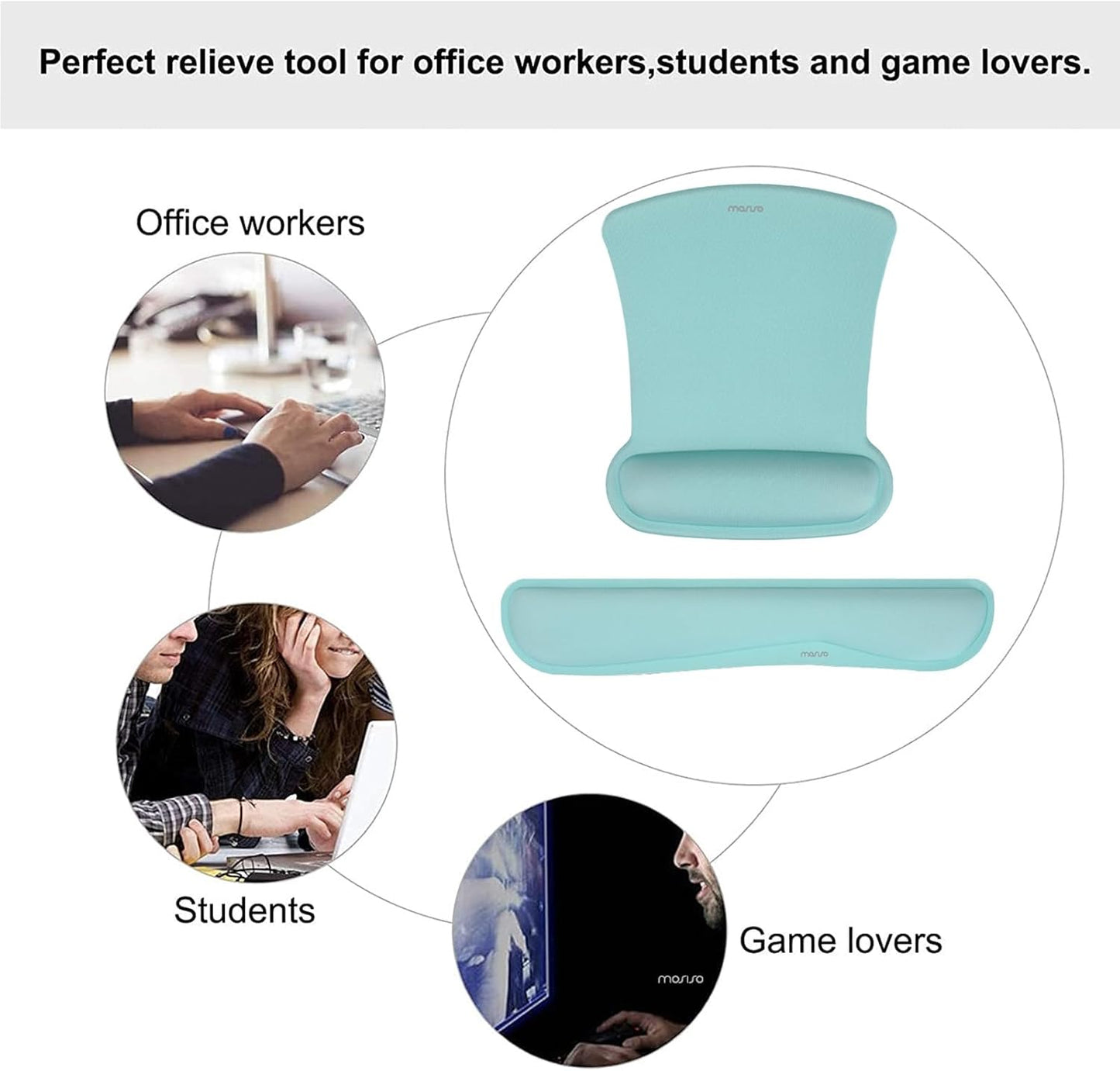 MOSISO Wrist Rest Support for Mouse Pad & Keyboard Set, Ergonomic Mousepad Non-Slip Base Home/Office Pain Relief & Easy Typing Cushion with Neoprene Cloth & Raised Memory Foam, Aquamarine