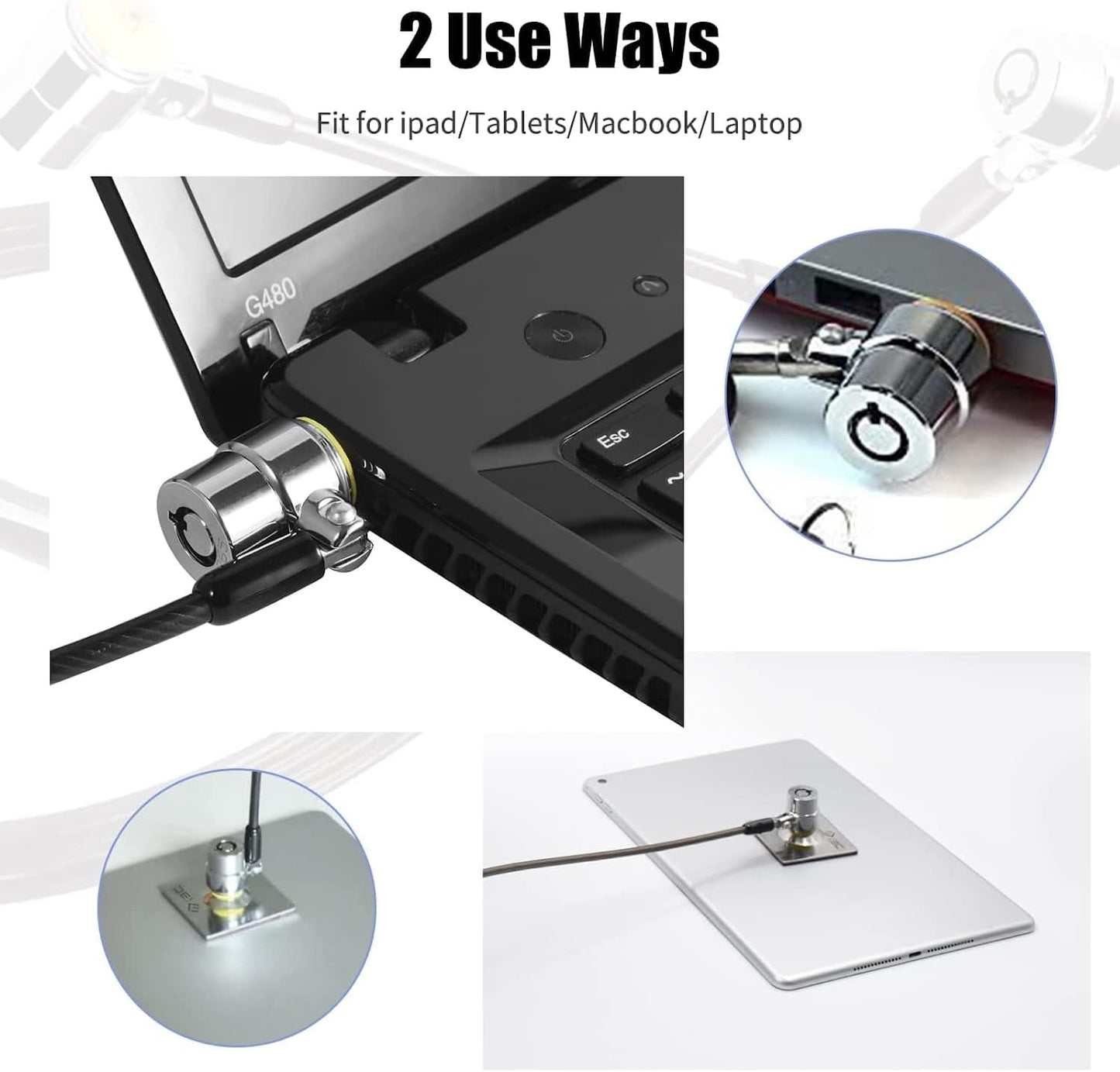 I3C Laptop Lock, Combination Security Lock Cable with Keys and Anchor Plate, Anti Theft Lock for Business Electronics, Monitors, Tablets, Smart Phones (2 Laptop Locks Head)