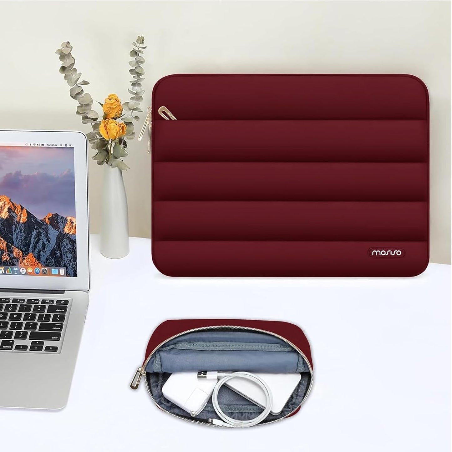 MOSISO 13.3 inch Laptop Case, 13-13.3 inch Puffy Laptop Sleeve Compatible with MacBook Air 13 13.6 M4 M3 M2 M1/Pro 13/Pro 14, HP Dell ASUS Lenovo,Polyester Horizontal Bag with Small Case, Red
