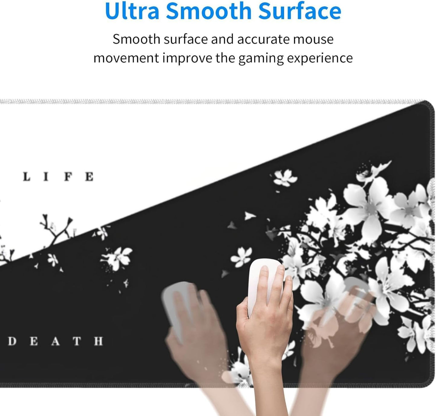 Japanese Life Death Keyboard Mat, Black White Japanese Anime Gaming Mouse Pad for Desk with Anti-Slip Rubber Base and Stitched Edges, Japanese Sakura Pagoda Sun Mouse Pad