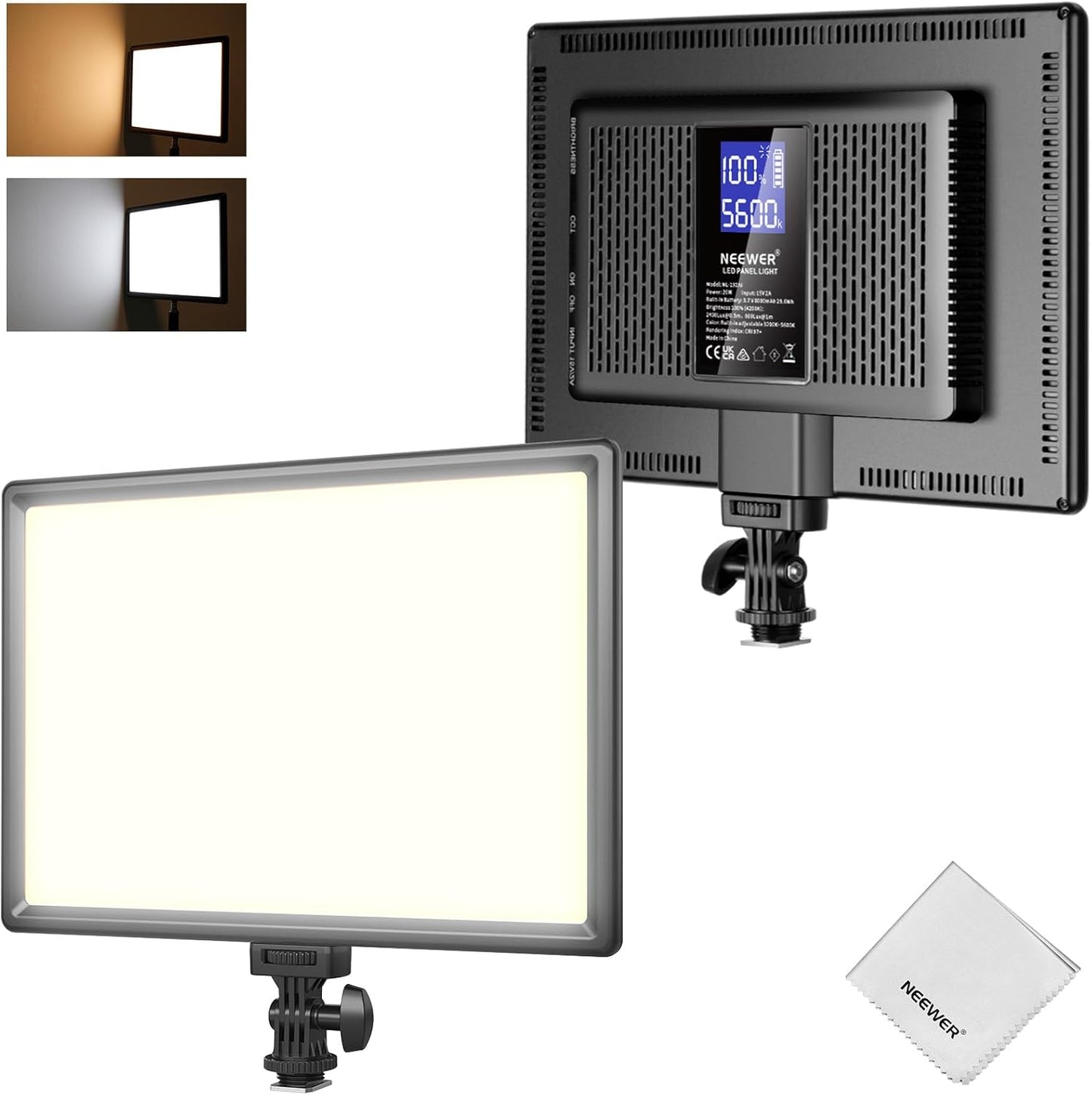 NEEWER 192 LED Video Light Panel, 20W Ultra Thin 8000mAh Bi Color Dimmable DSLR Camera Soft Photography Key Lighting 3200K-5600K CRI97+ for Studio Recording Live Streaming, Cleaning Cloth