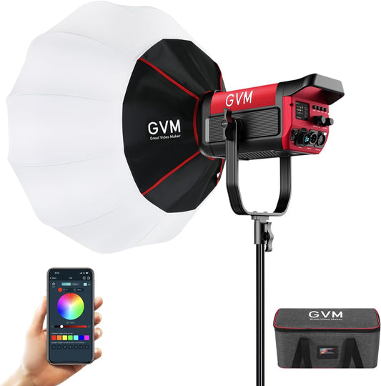 GVM 300W Photo Lighting RGB Video Light with Bowens Holder Lantern Softbox and Stand CRI 97+ CCT 2000K~10000K 6 Lighting Scenarios Application Program Controlled Studio Photo Lights