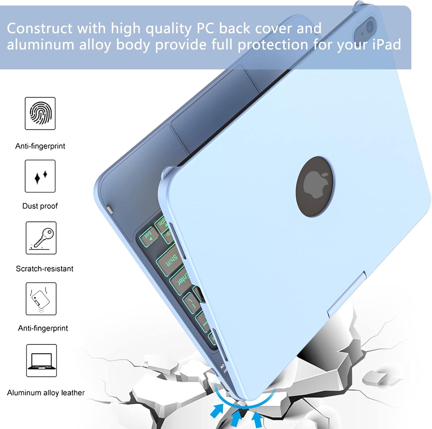 for iPad A16 11th Generation/10th Generation Case with Keyboard,Touch Keyboard for iPad 11" /10th Gen 10.9 inch 2022-10 Color Backlight, 360° Rotatable Protective Cover (Ocean Blue)