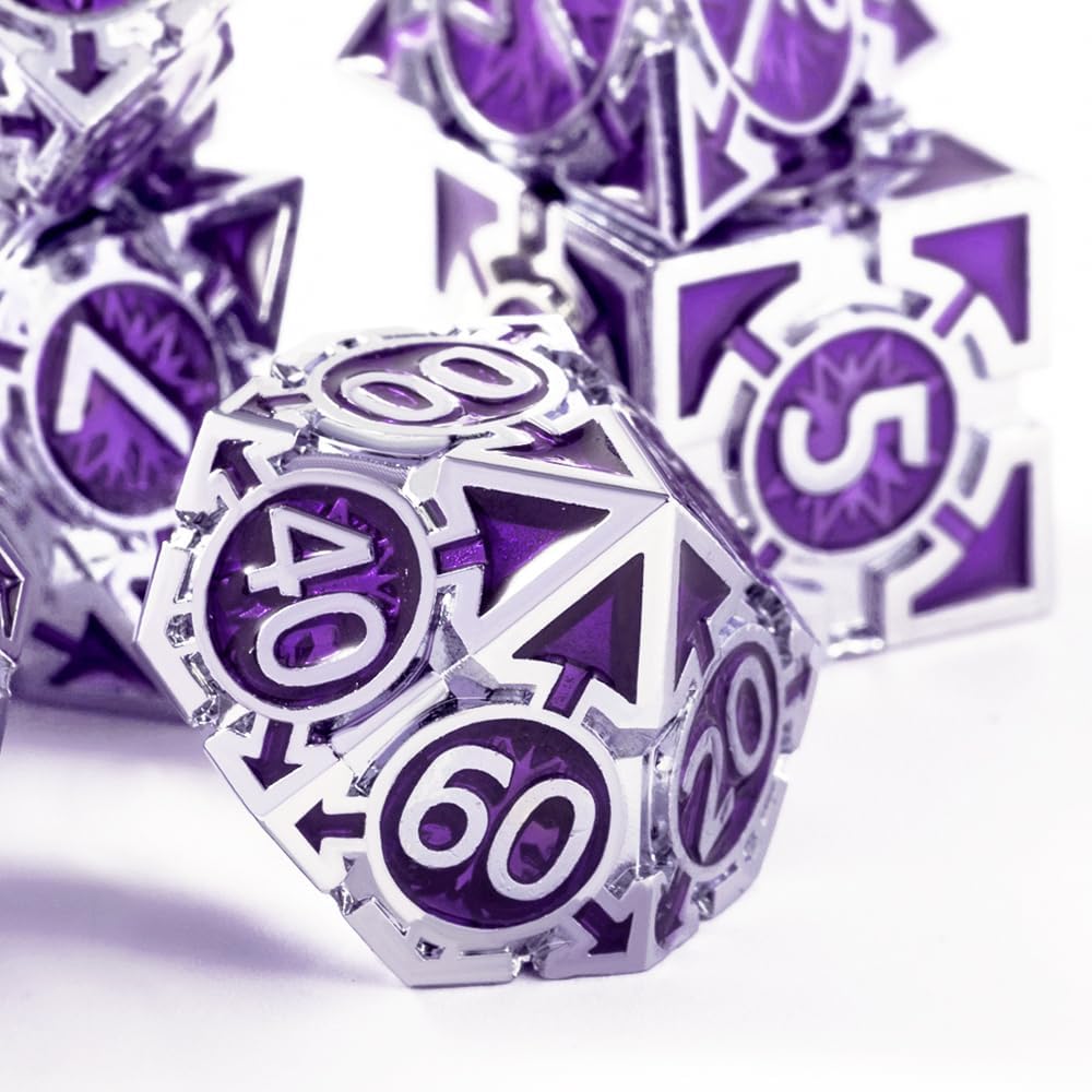 Metal DND Dice Set - High Artistic Making Dungeons and Dragons Dice, Large Weighted Metallic D&D Dice Sets - Polyhedral Role Playing Dice for MTG RPG, Silver Purple D and D Dice with DND Gift Box