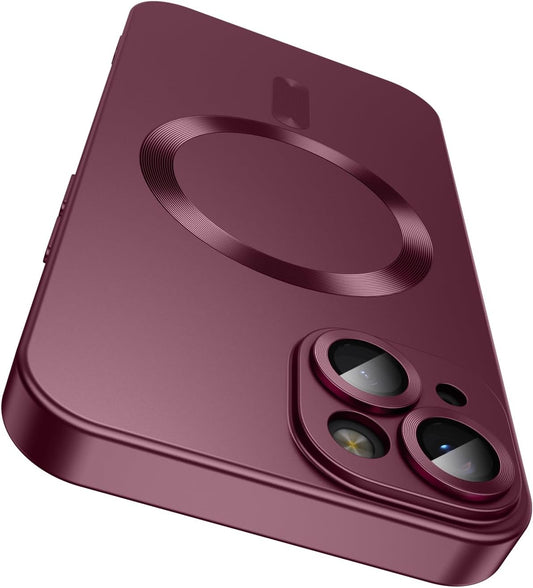 Magnetic for iPhone 14 Plus Case [Compatible with MagSafe][Built-in Camera Lens Protector] Slim Soft Silicone Bumper Shockproof Metallic Luster Phone Case (Burgundy)