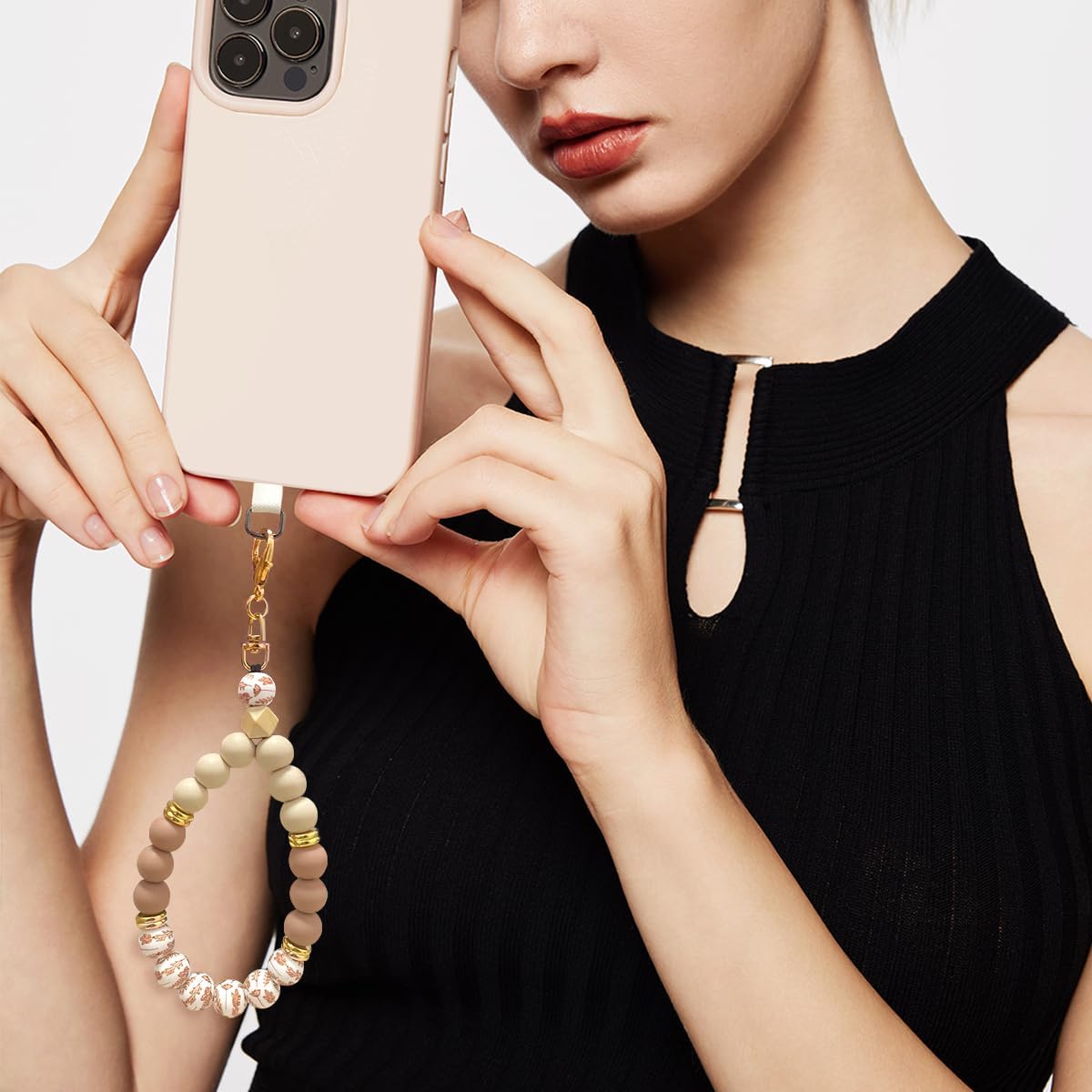 Marble Silicone Beaded Phone Wrist Strap, Cellphone Lanyard with Tether Tab, Elastic Hands-Free Wristlet Bracelet