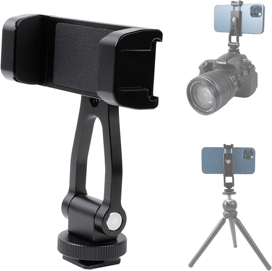Aluminium Alloy Phone Tripod Mount, Universal Cell Phone Mount Adapter with 2 Cold Shoe Mount for Horizontal and Vertical Shooting, Compatible with iPhone, Pixel, Samsung Galaxy and All Phones