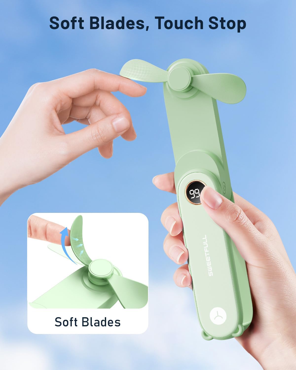 SWEETFULL Portable Handheld Mini Fan with LED Display, 3-in-1 Personal Foldable USB Rechargeable Hand Held Fan & Flashlight for Travel, Lash Eyelash, Cute Small Pocket for Women, Girls