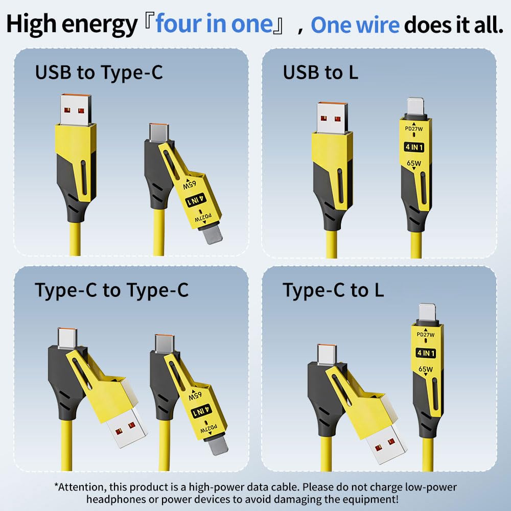 4 in 1 Spring Fast Charging Cable (2Pack), 65W USB-C PD Multi Fast Charging, 1.2m/4ft Coiled Retractable Cable for iPhone Samsung Laptop - Yellow+Green