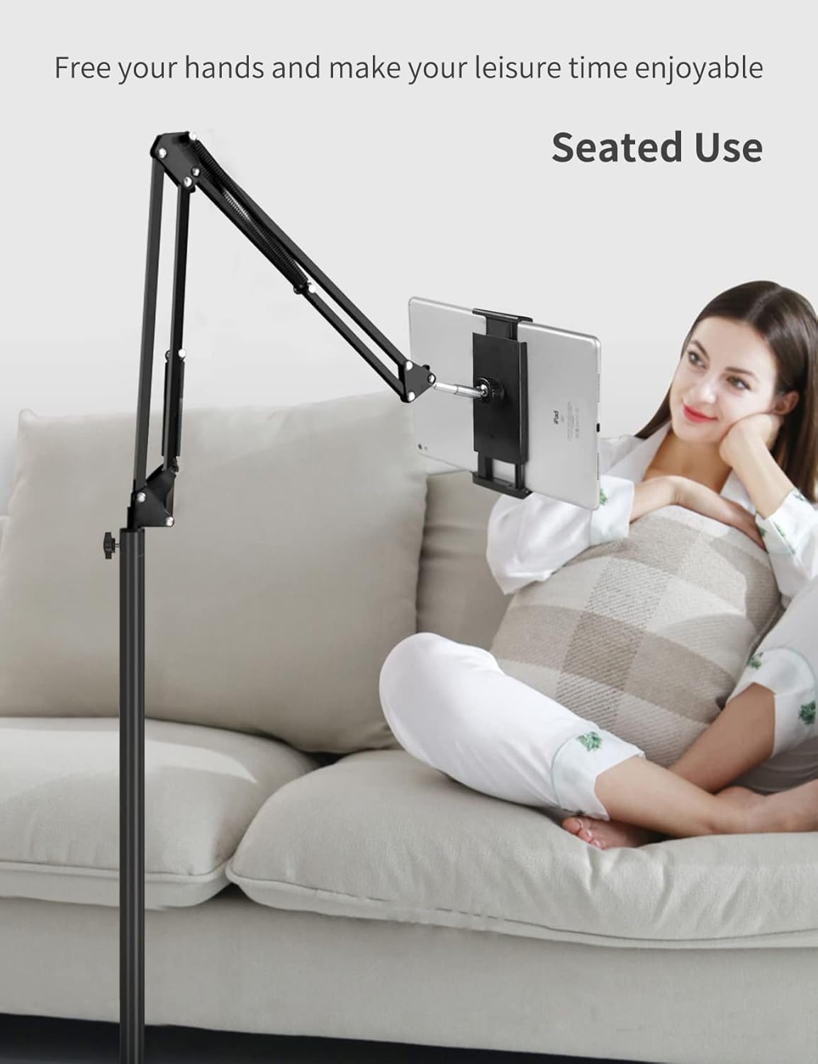 Tablet Floor Stand with Double Weight Base, Overhead Bed Phone Mount Height Adjustable Arm Stretchable Stand Holder, Compatible with iPad Mini Air Pro, Galaxy Tab, Kindle, Switch, Cell Phones