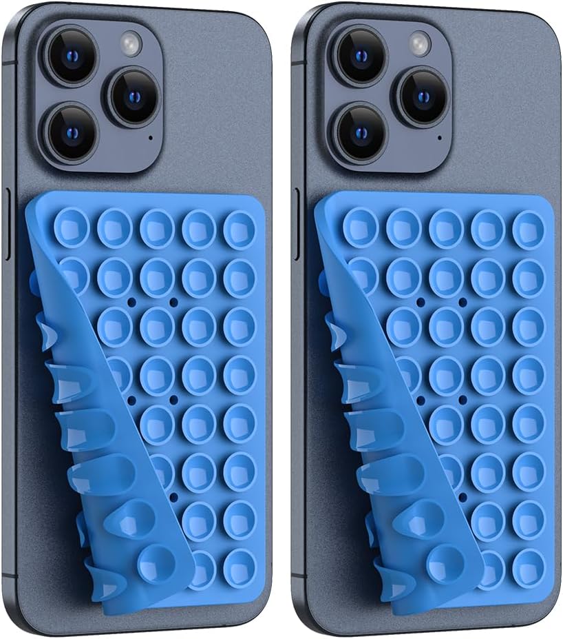 2PACK Silicone Double Sided Suction Phone Case Mount, Detachable Hands Free & Strong Grip Holder for Selfies & Videos, Compatible iPhone Android (Blue, 2Pack 40 Suction Cups)