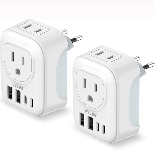 2 Pack European Travel Plug Adapter, VYLEE International Travel Adapter with 2 Outlets 4 USB Ports(2 USB C), 6 in 1 Type C Travel Essentials Charger for US to Most of Europe EU Italy Spain France