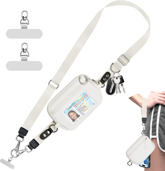 Clip and Go Strap for Phone with Wallet Crossbody Phone Lanyard Adjustable and Detachable RFID Wristlet Wallet with ID Window and Zipper, Cream