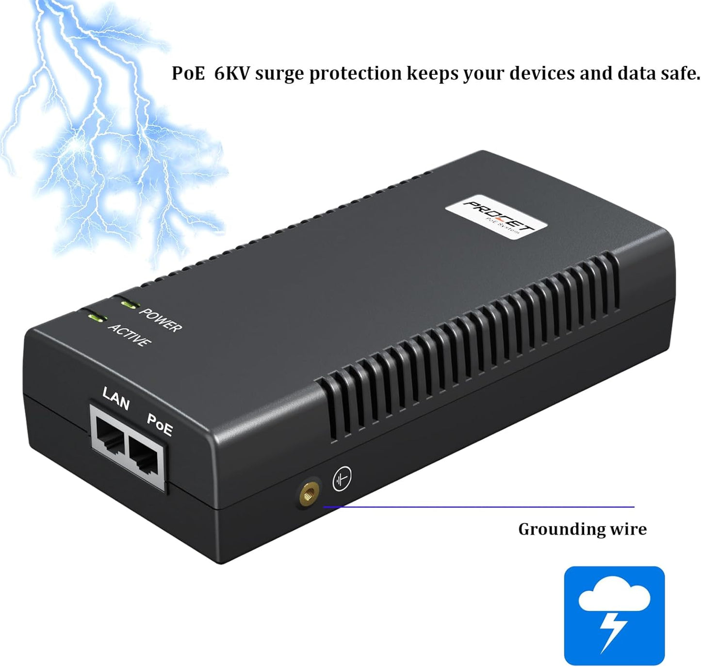 PROCET Gigabit PoE Iniector 90W PoE++ Power Injector with 6KV Surge Protector, IEEE802.3af/at Compliant for PTZ Camera, PoS System, Kiosk, Wireless AP, IP Cameras, PT-PSE106GBR-L