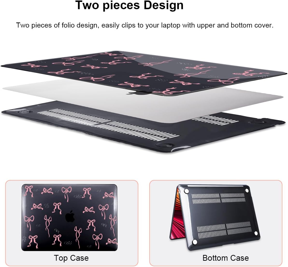 for 2020 2021 2022 MacBook Pro 13 inch Case M2 M1 A2338 A2289 A2251 with Touch Bar & Touch ID, Printed Pattern Plastic Hard Shell Case Keyboard Cover Screen Protector, Pink Bowknot Black