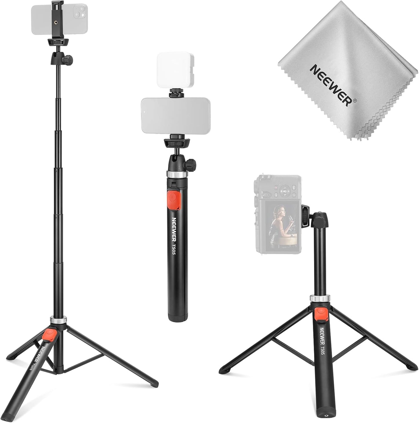 NEEWER Phone Tripod for Camera with Cell Phone Holder & Remote, 62.9" All Metal Selfie Stick Travel Vlog Video Recording Portable Stand Compatible with iPhone Canon Sony Nikon, Cleaning Cloth, TS05