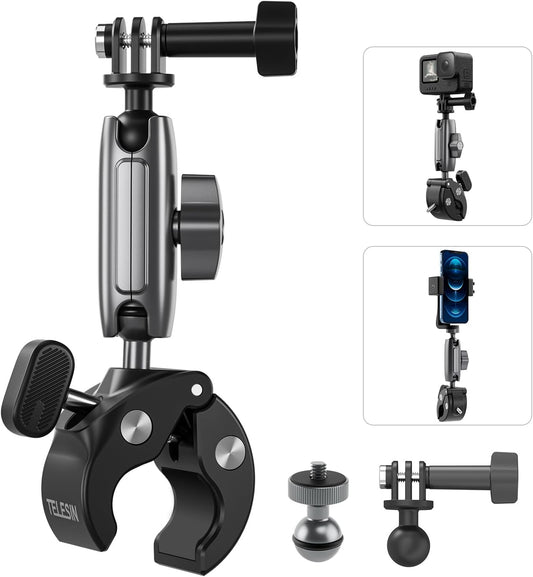 TELESIN Super Clamp Camera Mount with 360° Dual Ball Head, Bike/Bicycle/Motorcycle Handlebar Mount for GoPro Max Hero 13 12 11 10 9 8 7, DJI Osmo Nano 360 Action 5 Pro 4 3, Insta 360 X4 X5 Ace Pro 2