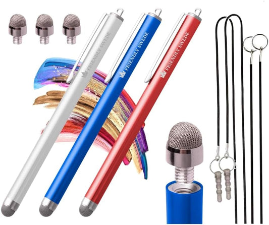 The Friendly Swede Mesh Tip Stylus Pen for Touchscreen — 3-Pack Micro-Knit Capacitive Stylus Pen for iPad & iPhone with 3 Replaceable Fiber Tips, Elastic Lanyards & Screen Cleaning Cloth