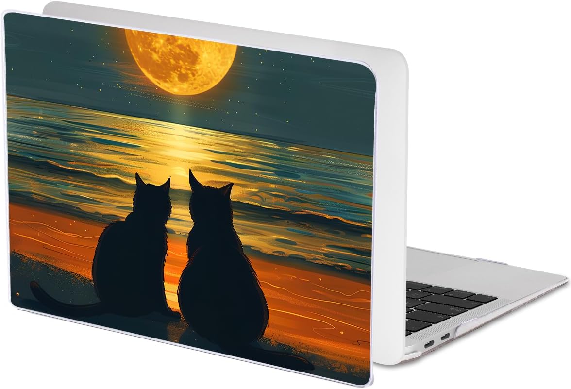 Compatible with MacBook Air 13 inch Case M1 A2337 A2179 A1932 2021 2020 2019 2018 Release with Retina Display & Touch ID, Printed Pattern Plastic Hard Shell Case Cover, Cat Watching Moon