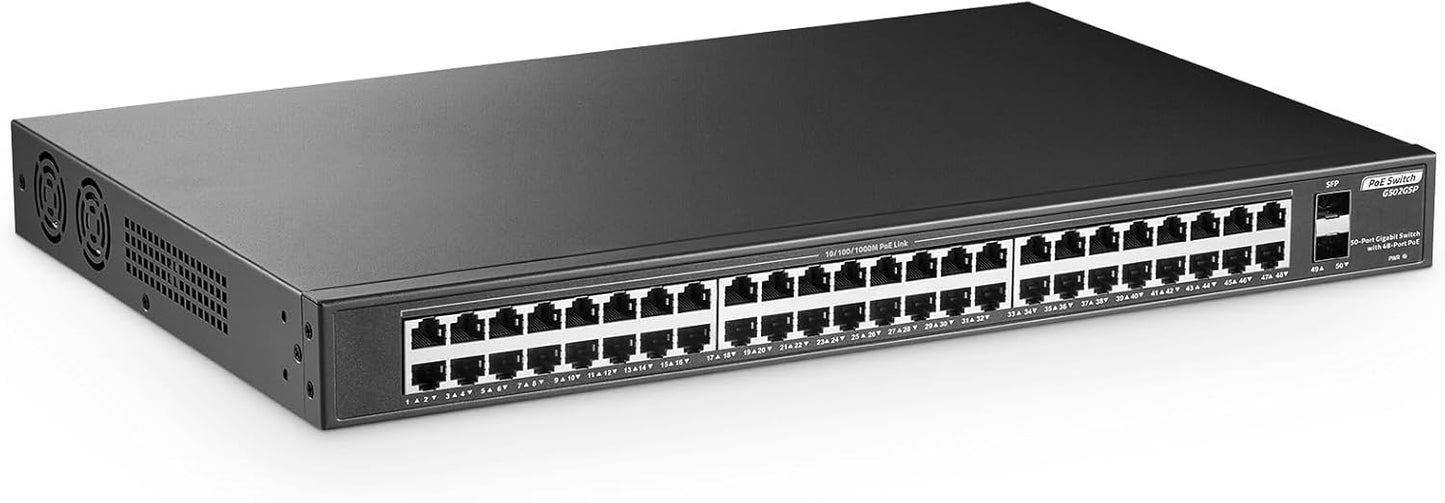 48 Port Full PoE Gigabit Switch with 2 Gigabit SFP, IEEE802.3af/at Max 800W, YuLinca Unmanaged Rackmount Gigabit PoE Switch