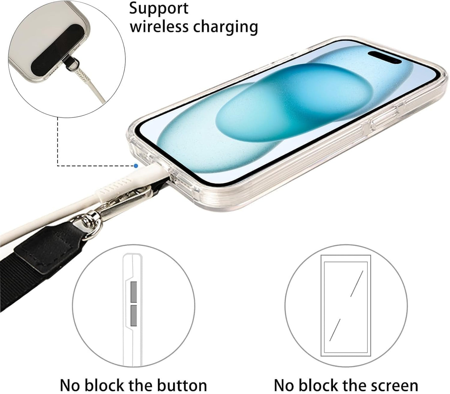 Adjustable Crossbody Cellphone Lanyard for iPhone, Includes 2 Lanyard,2 Pcs TPU phone tether tab, Black＋Clear