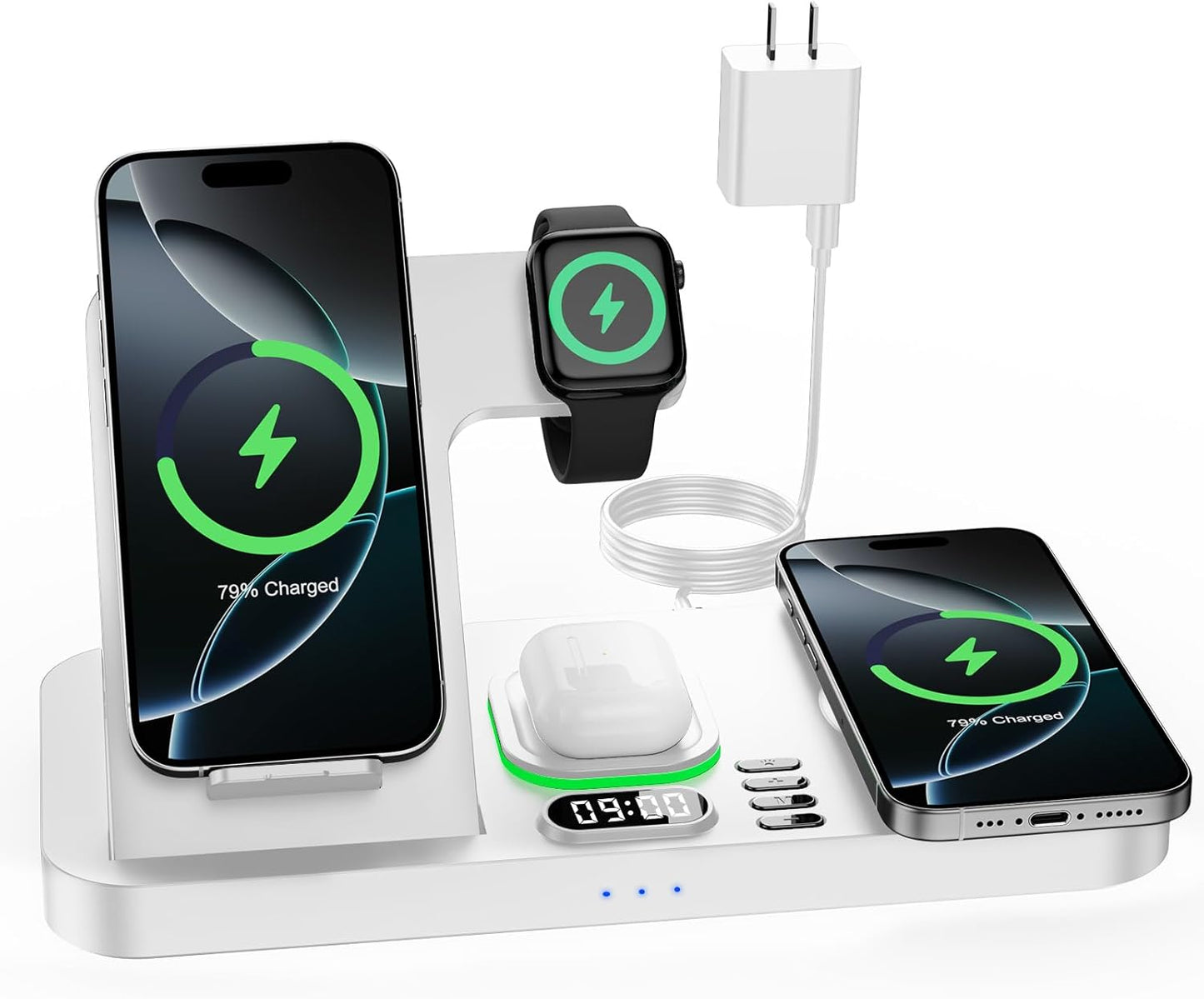 Dual Phone Wireless Charging Station for Apple Devices, Magnetic Charging Station for iPhone with Auto Switch 7-Color Light&Clock, Family Watch Charger for iPhone17 for iWatch10 for AirPods Pro3(White