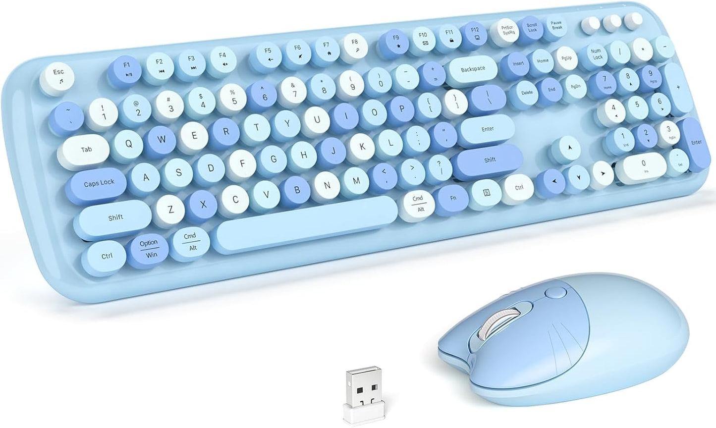 KNOWSQT Wireless Keyboard and Mouse Combo Pale Blue - Colorful 104 Key 2.4G Round Keycap Typewriter Keyboards, USB Dongle Plug and Play, for Laptop, Windows, PC, Computer, Desktop