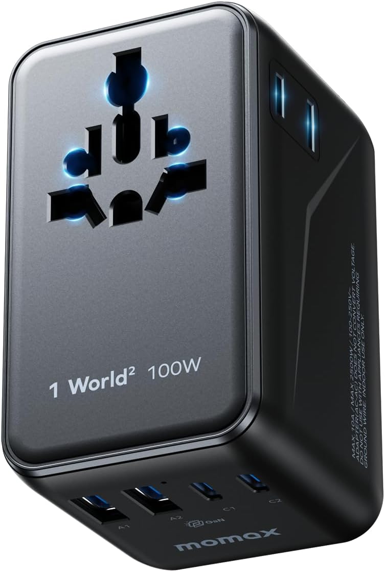 MOMAX Universal Travel Adapter, GaN 100W International Power Adapter, 2 AC, 2 USB-C PD Fast Charging & 2 USB-A QC, All-in-one International Plug Adapter for Travel European UK AUS JP