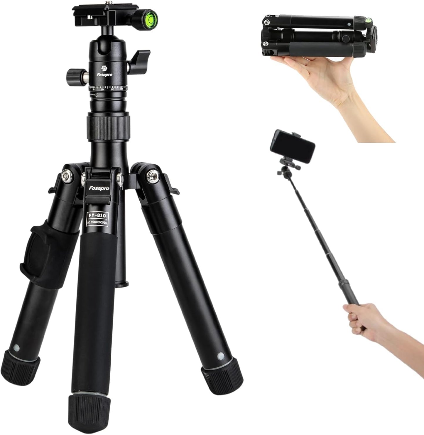 Fotopro Mini Tripod with Ball Head Phone Mount Detachable Selfie Stick Folded only 8.6" Max Load up to 6.6 lbs FY-810 Black
