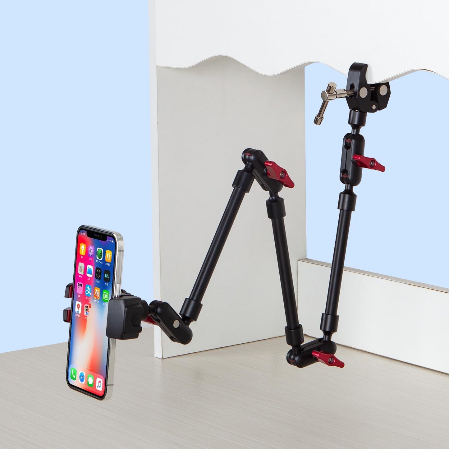 Adjustable Articulating Magic Arm with Clamp and Phone Holder Clip for Desk Mount, Desk Stand, Cell Phone Tripod