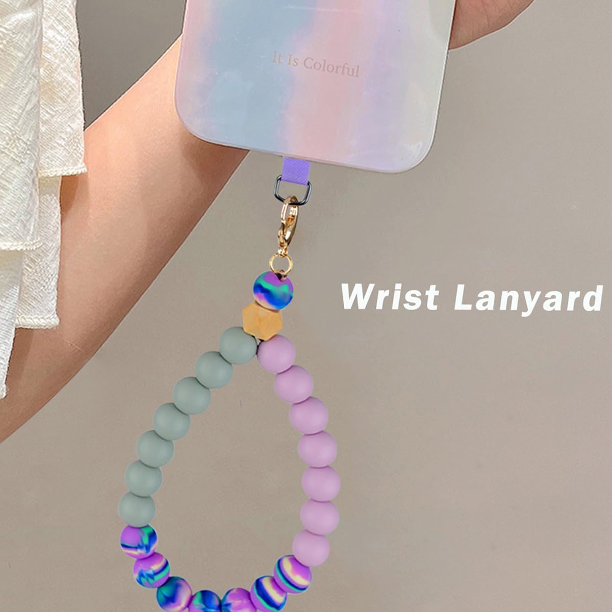 Marble Silicone Beaded Phone Wrist Strap, Cellphone Lanyard with Tether Tab, Elastic Hands-Free Wristlet Bracelet