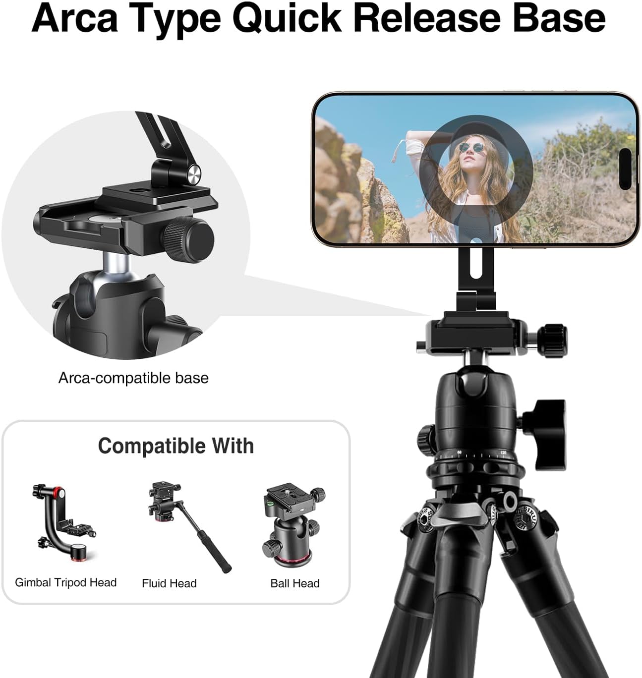 elitehood for Magsafe Phone Tripod Mount with Arca Port, Aluminum Magnetic iPhone Tripod Mount with 1/4" & 3/8" Screw, for Magsafe Phone Adapter Compatible with iPhone 16 15 14 13 12 Series, Black