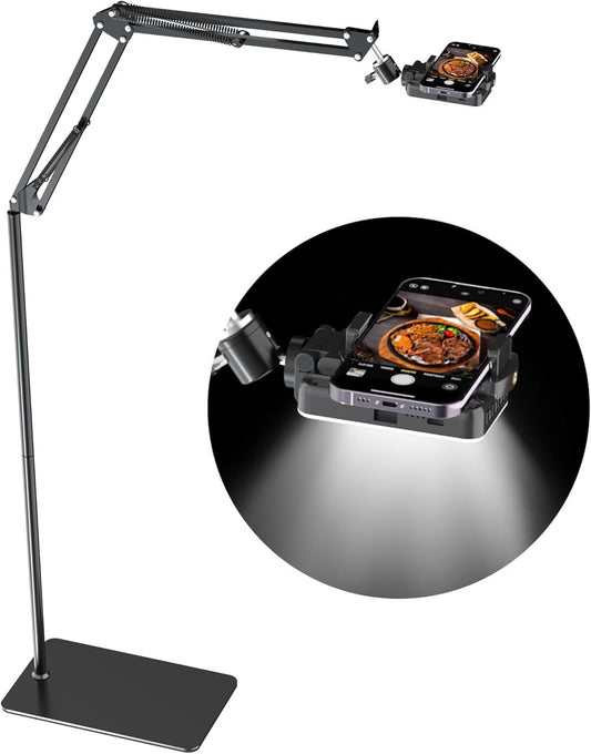 Overhead Phone Tripod for Cooking Videos with Rechargeable Light, Move Around Floor Phone Stand with Ring Light Content Creator Video Recording Selfie Photography TikTok Youtube Compatible with iPhone