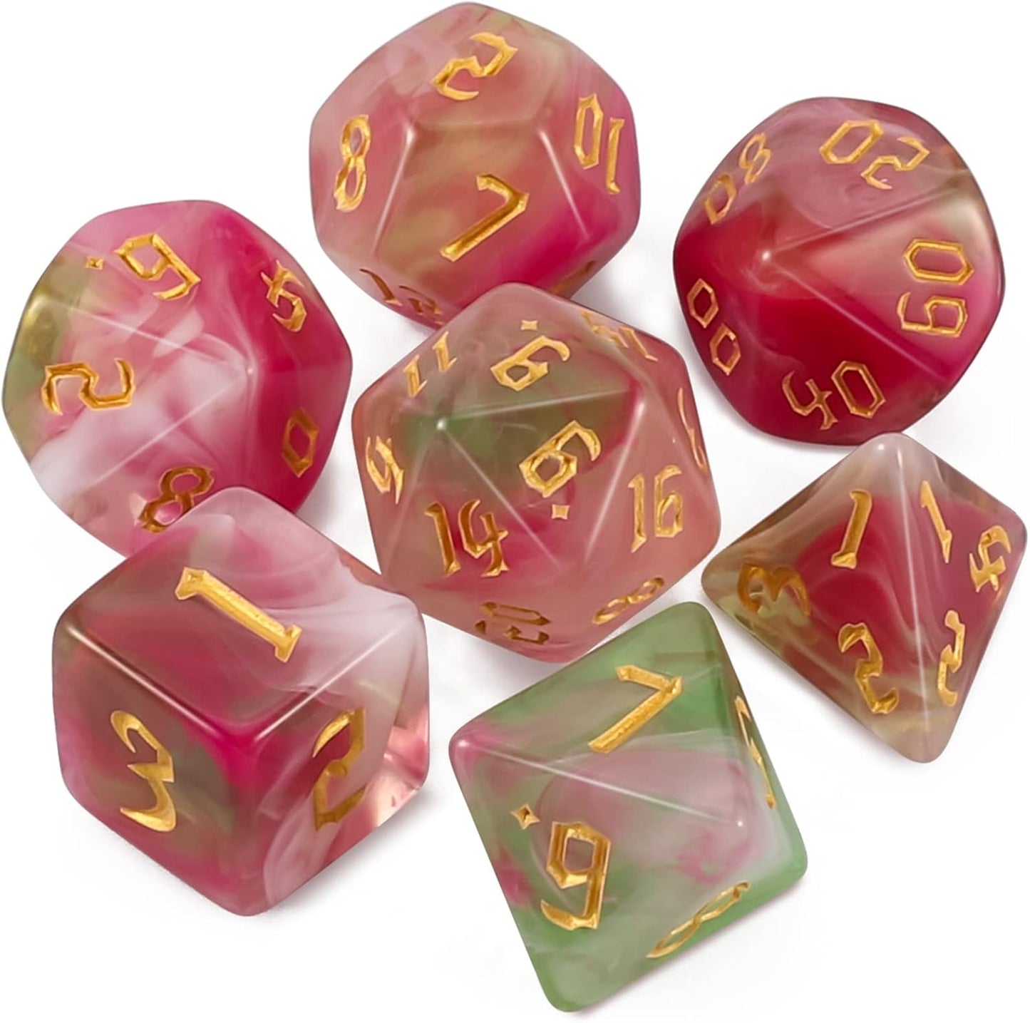QMAY DND Dice Set -D&D Polyhedral Dice (7 Pcs) for Dungeons and Dragons (Pink Light Green)