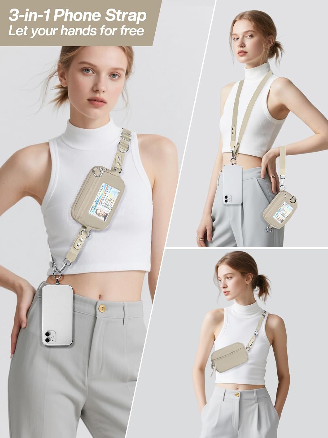 Clip and Go Strap for Phone with Wallet Crossbody Phone Lanyard Adjustable and Detachable RFID Wristlet Wallet with ID Window and Zipper, Khaki