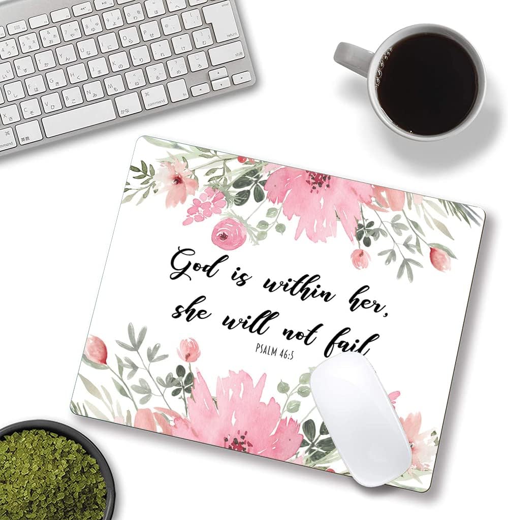 Mouse Pad, Cute Inspirational Quote with Floral Mouse Pad for Women, Washable Square Cloth Mousepad for Office Laptop, Non-Slip Rubber Computer Mouse Pads for Wireless Mouse, Psalm 46:5