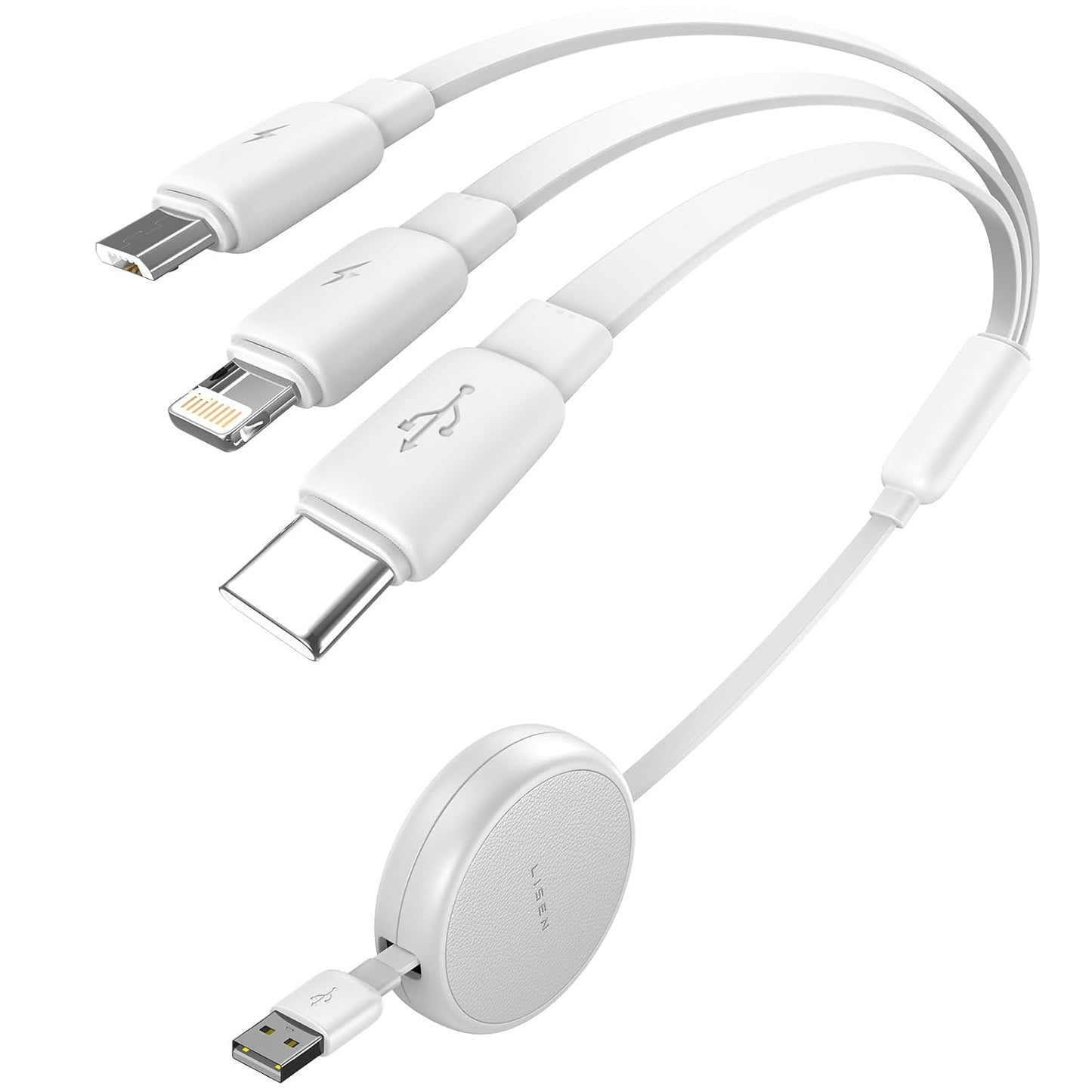 LISEN Multi Charging Cable, 3 in 1 Charging Cable, Retractable Car Charger with Type C/L/Micro USB Ports for iPhone 16 15 14 Pro Max/Samsung Galaxy S25/PS/Kindle, Multi Chargers for All Devices, White