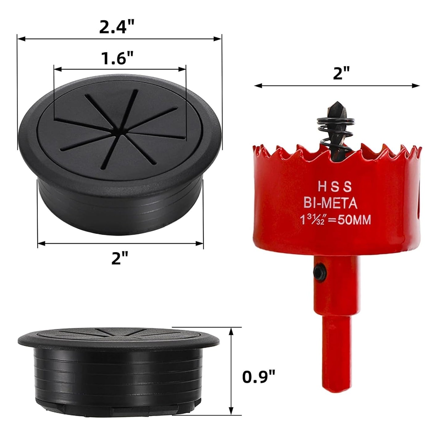 20 Pack Desk Grommets, 2 Inch Desk Cable Hole Cover with Built-in Hole Saw, Wire Cord Cable Grommet for Home Office, Black