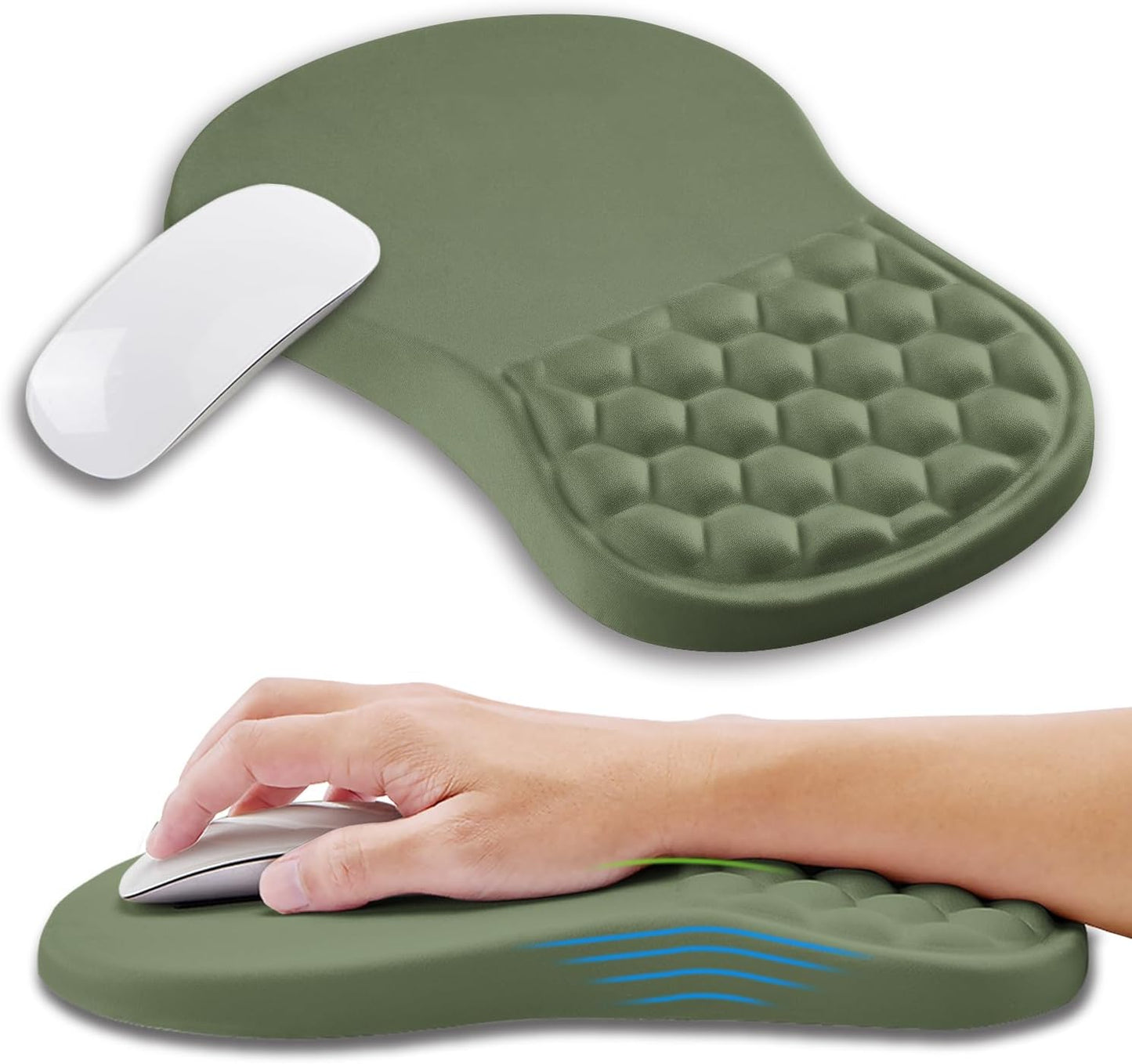 Ergonomic Mouse Pad Wrist Support with Memory Foam Massage Bulge, Carpal Tunnel Pain Relief Mousepad Wrist Rest for Mouse(12x8 inch,Olive Green)