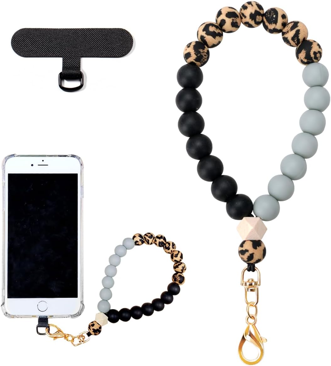 Marble Silicone Beaded Phone Wrist Strap, Cellphone Lanyard with Tether Tab, Elastic Hands-Free Wristlet Bracelet