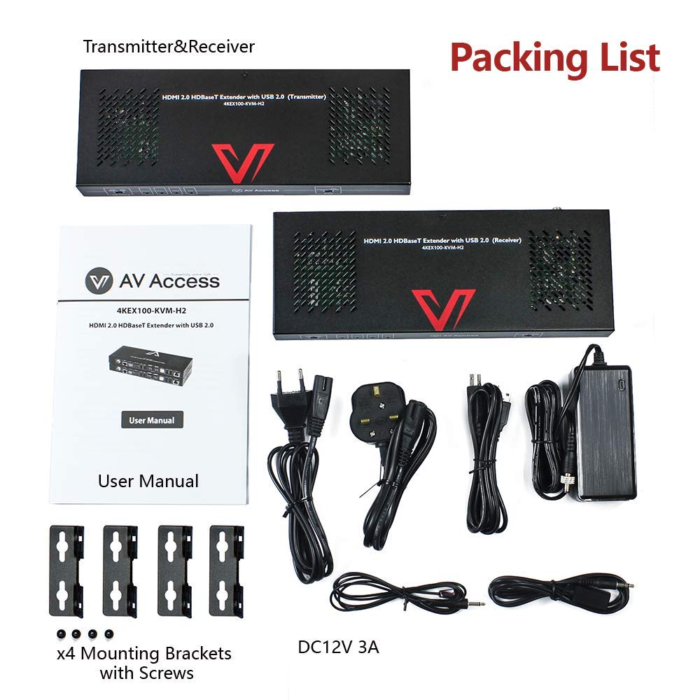 HDBaesT HDMI USB KVM Extender 4K60Hz 4:4:4 18Gbps 1080P HDR 330ft(100m) Over Cat5e/6/6a/7, HDMI2.0, Switchable 1 Host & 4 USB 2.0 on TX or RX, Two-Way IR/ 3.5mm Stereo/ RS232 (4KEX100-KVM-H2)