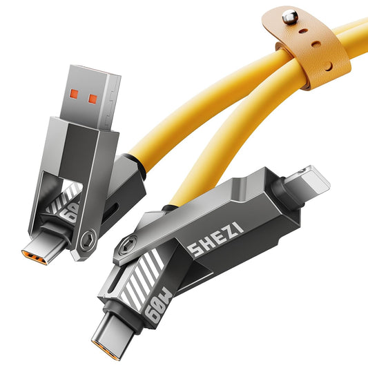 SHEZI Silicone 4 in 1 USB C Cable 60W 5FT Compatible with Lightning Cable, Fast Charging for iPhone/iPad Charger Cord [480Mbps Data Sync],Multi Charging Cable with Type C/USB A, Yellow