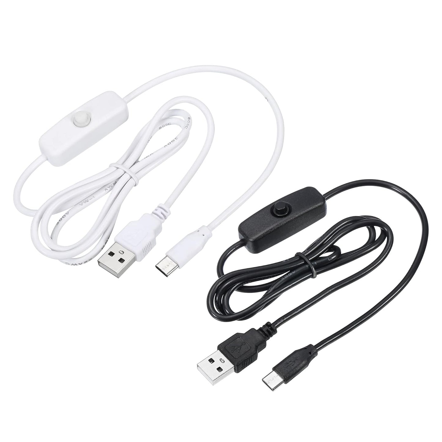 MECCANIXITY USB Cable with 501 ON/Off Switch, USB Male to USB Type C Male Power Cable 100cm for LED Desk Lamp LED Strip Black White 2 Set
